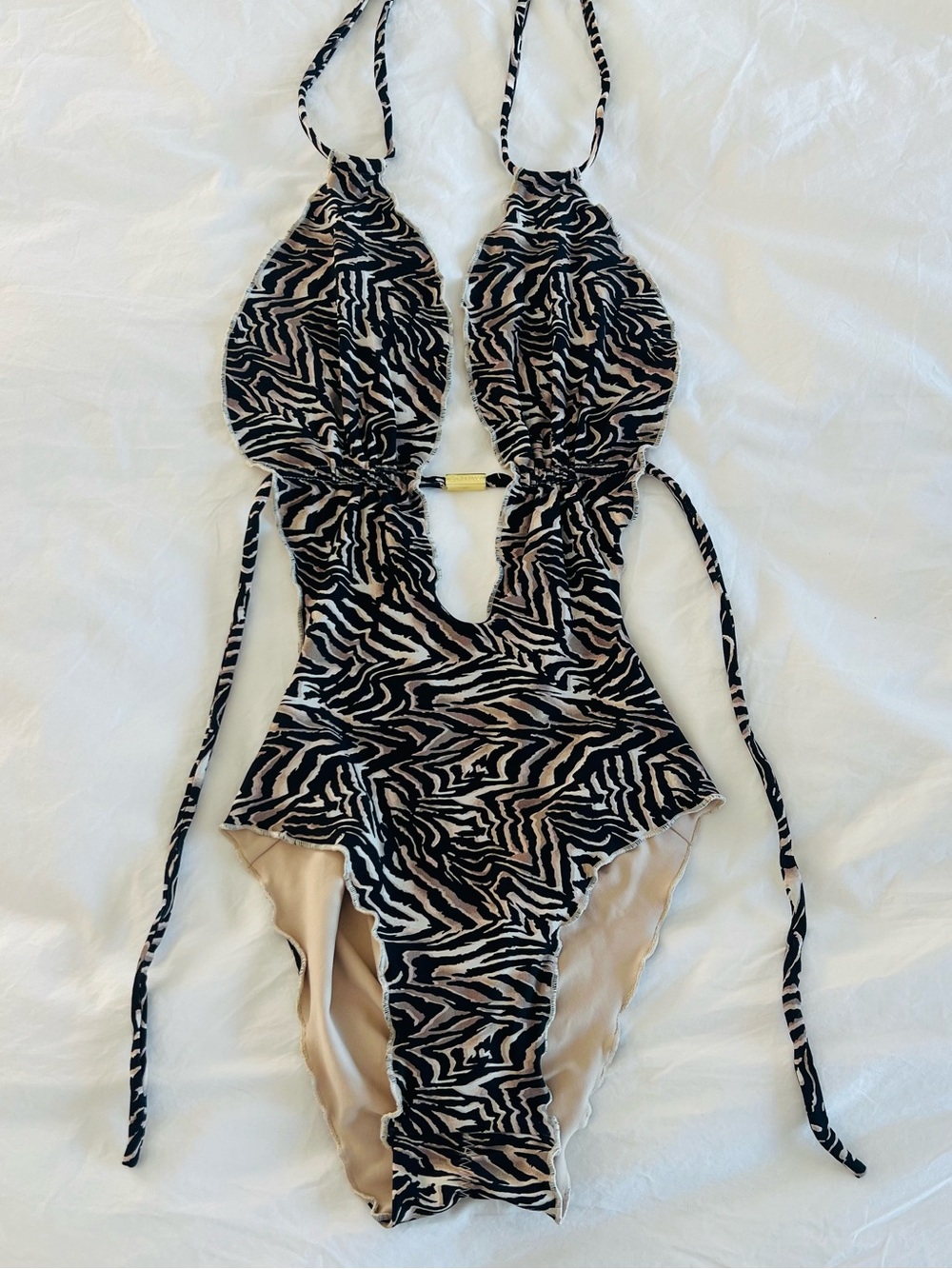 STUNNING Brand New ZOEW Zebra Print Cutout One-Piece Swimsuit - Black & Cream
